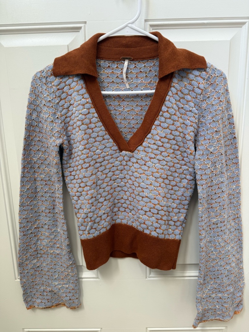 Free People Light Blue and Brown V-Neck Collared Knit Sweater